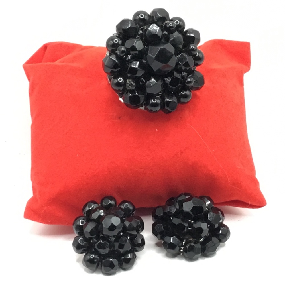 Vintage W. Germany Faceted Black Glass Clip-on earrings matching Brooch